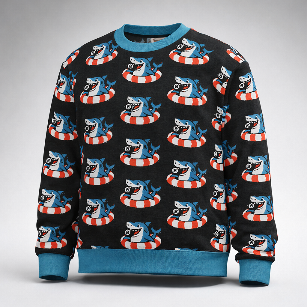 Relaxed fit knitted crew neck sweater - All Over Patterned Pool Shark - Black