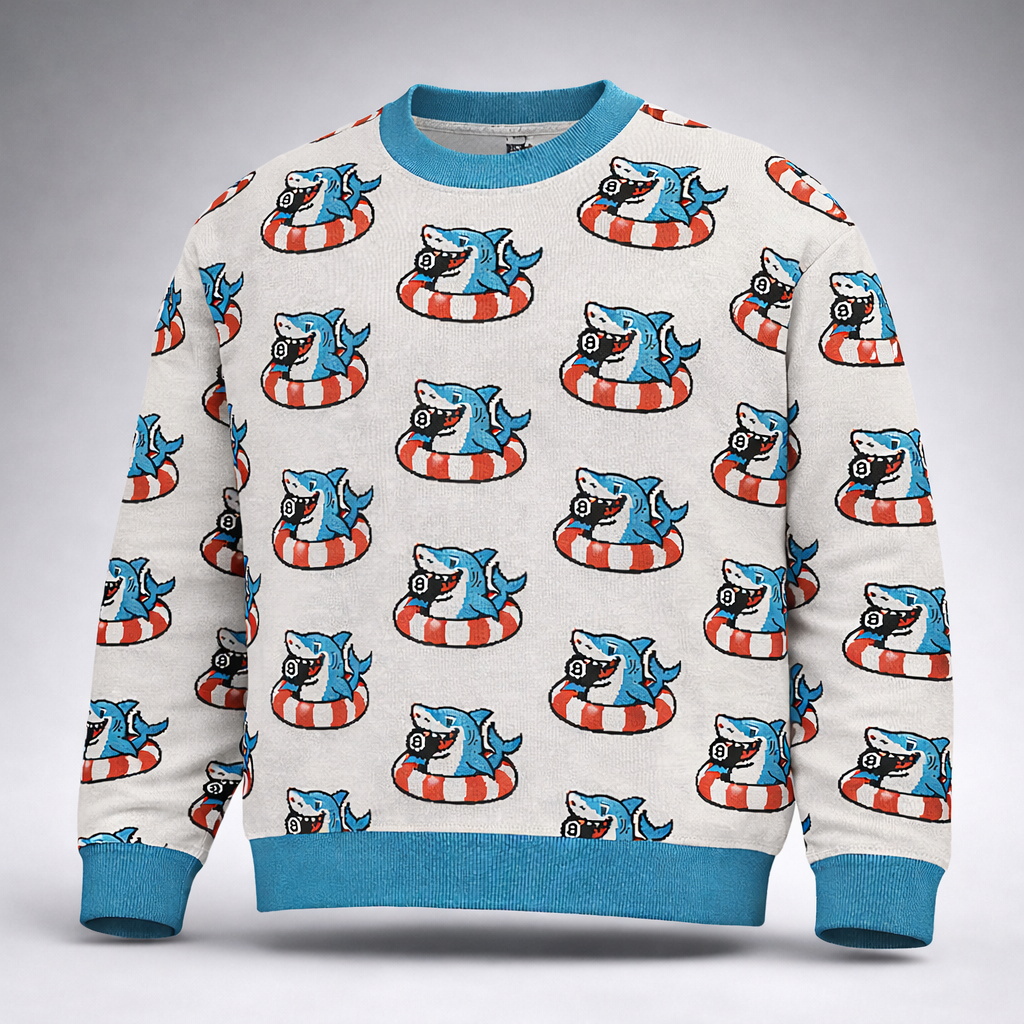 Relaxed fit knitted crew neck sweater - All over pool shark pattern - Bone