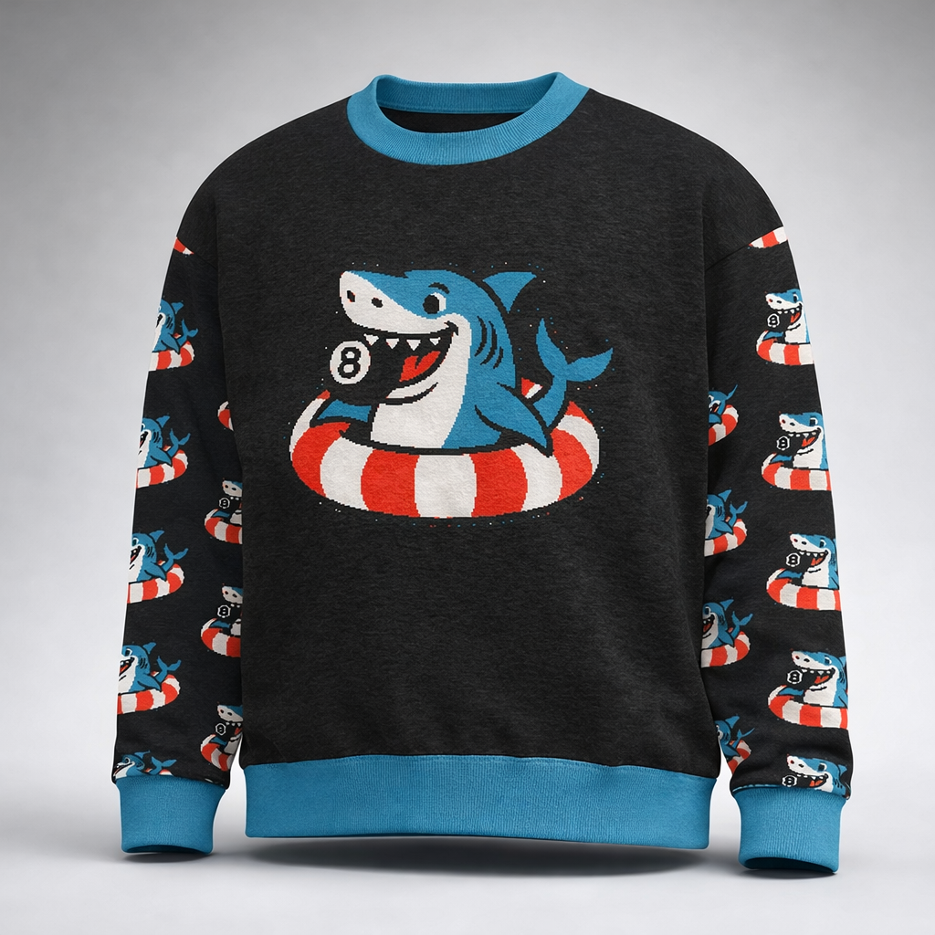 Relaxed fit knitted crew neck sweater - Pool Shark Patterned Sleeves